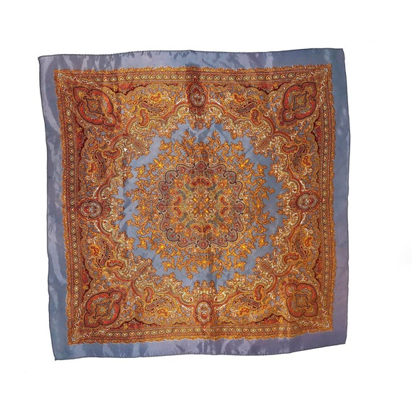 Vintage Handrolled Edge Silk Scarf Orange, Yellow, Gold, Grey - Picture 6 of 7